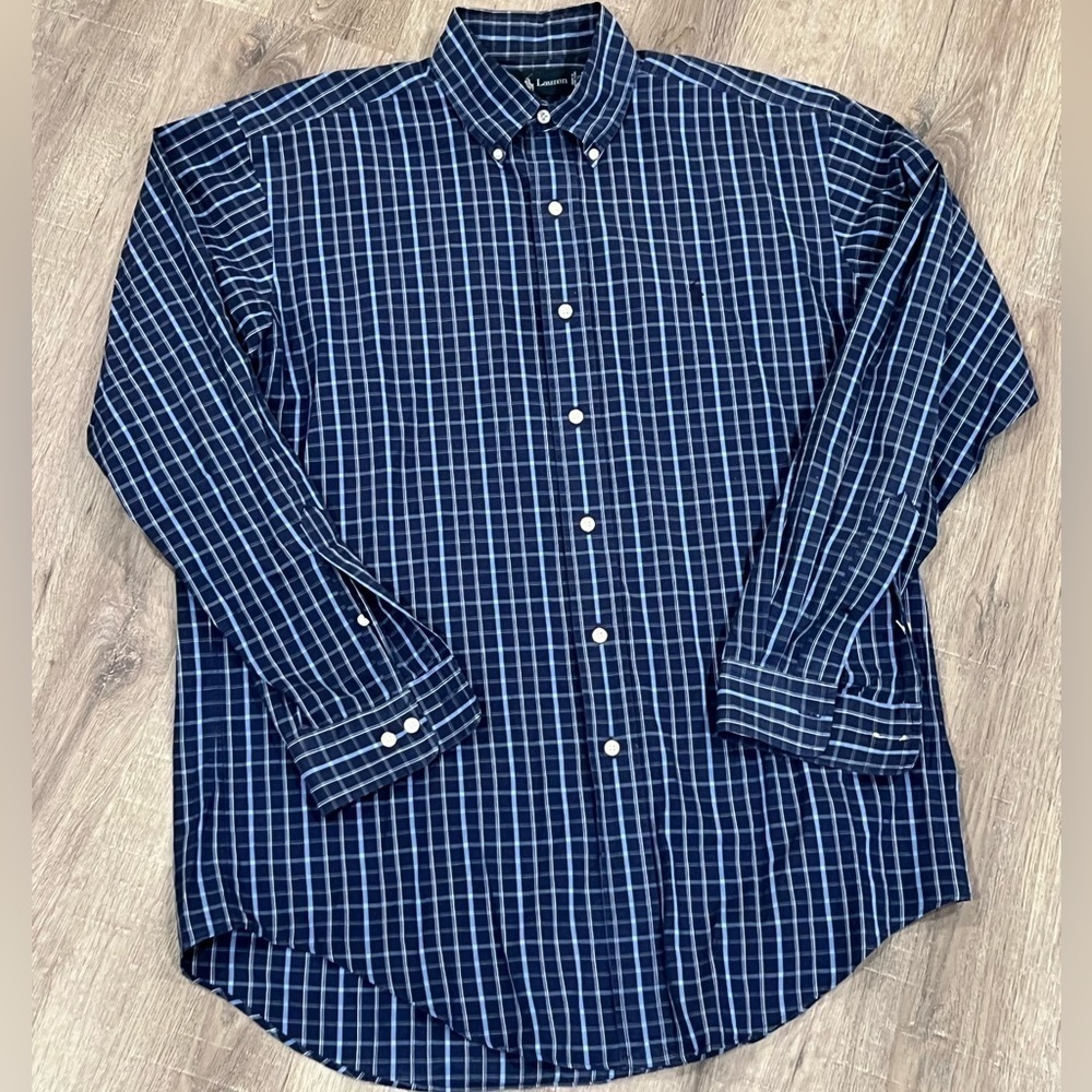 Polo Ralph Lauren 15.5-32/33 Medium Navy Plaid Check Casual Button-Front Shirt